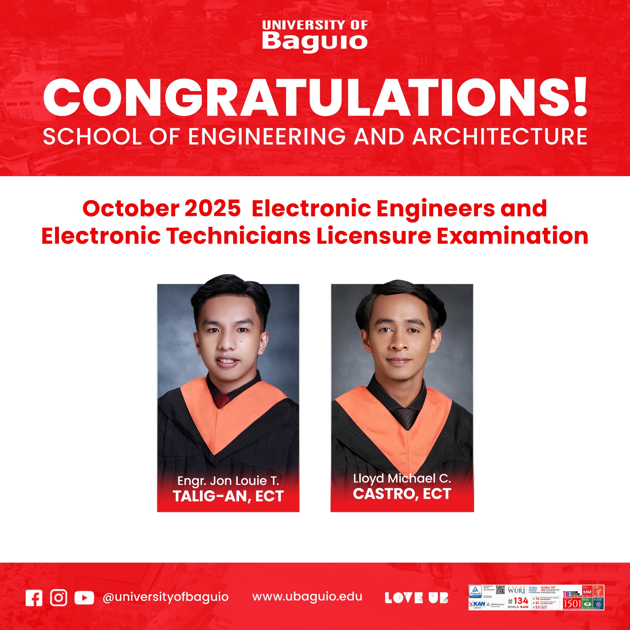 The University of Baguio proudly congratulates the newly licensed Electronics Engineers and Electronic Technicians from the School of Engineering and Architecture (SEA)!